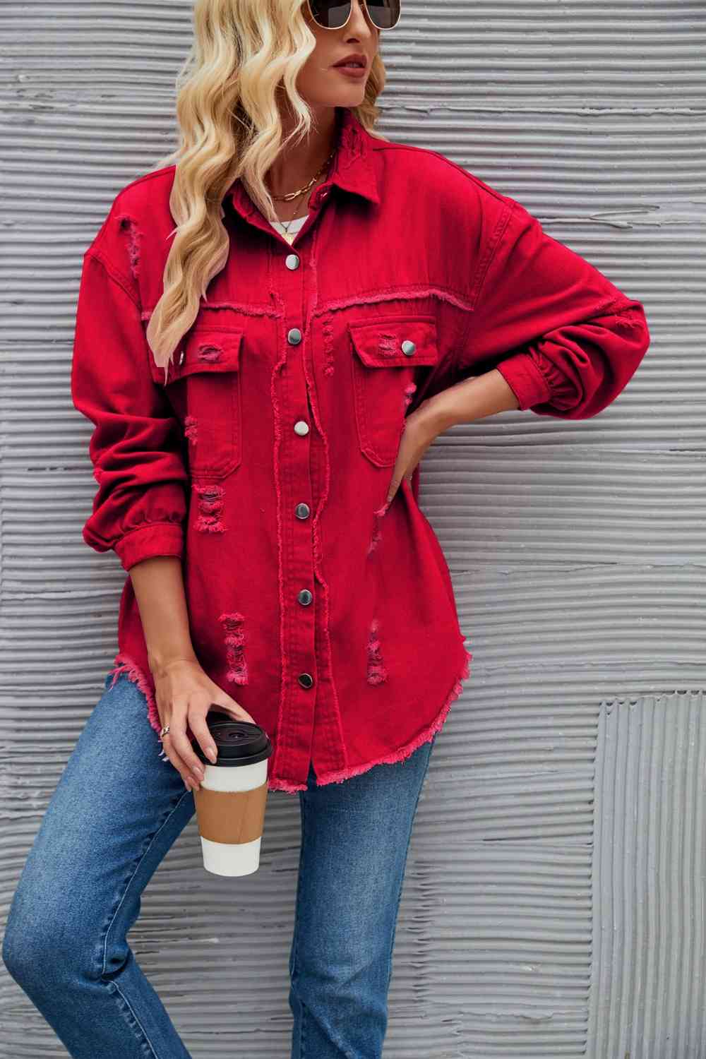 Distressed Raw Hem Denim Jacket - KAISERINC