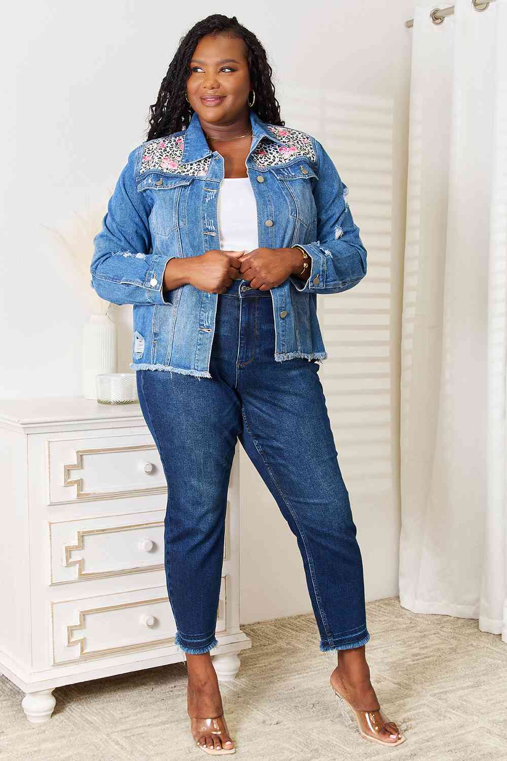 Baeful Leopard Floral Distressed Raw Hem Denim Jacket - KAISERINC