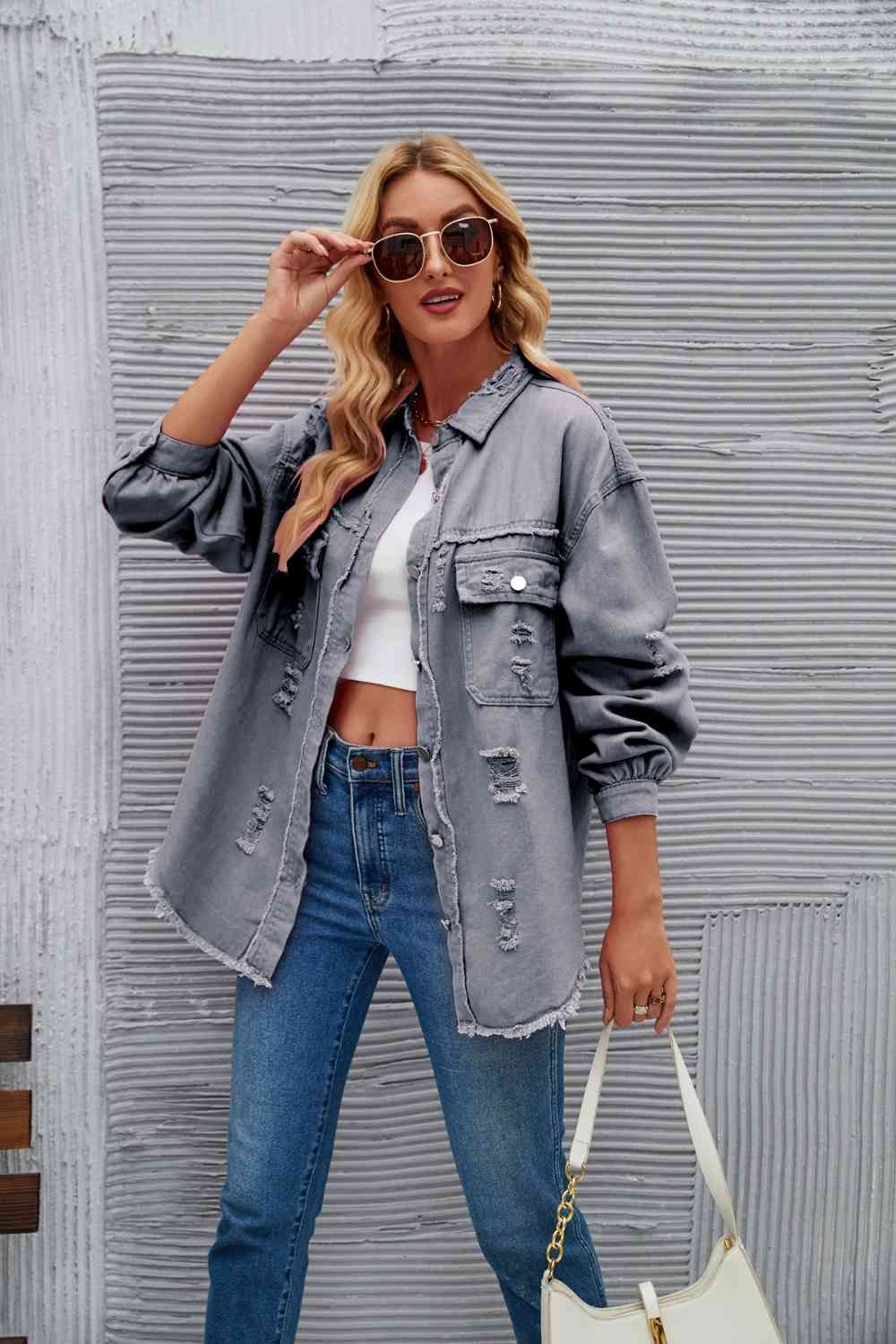 Distressed Raw Hem Denim Jacket - KAISERINC