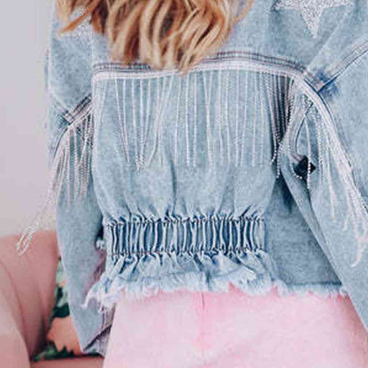 Star Raw Hem Fringe Detail Denim Jacket - KAISERINC
