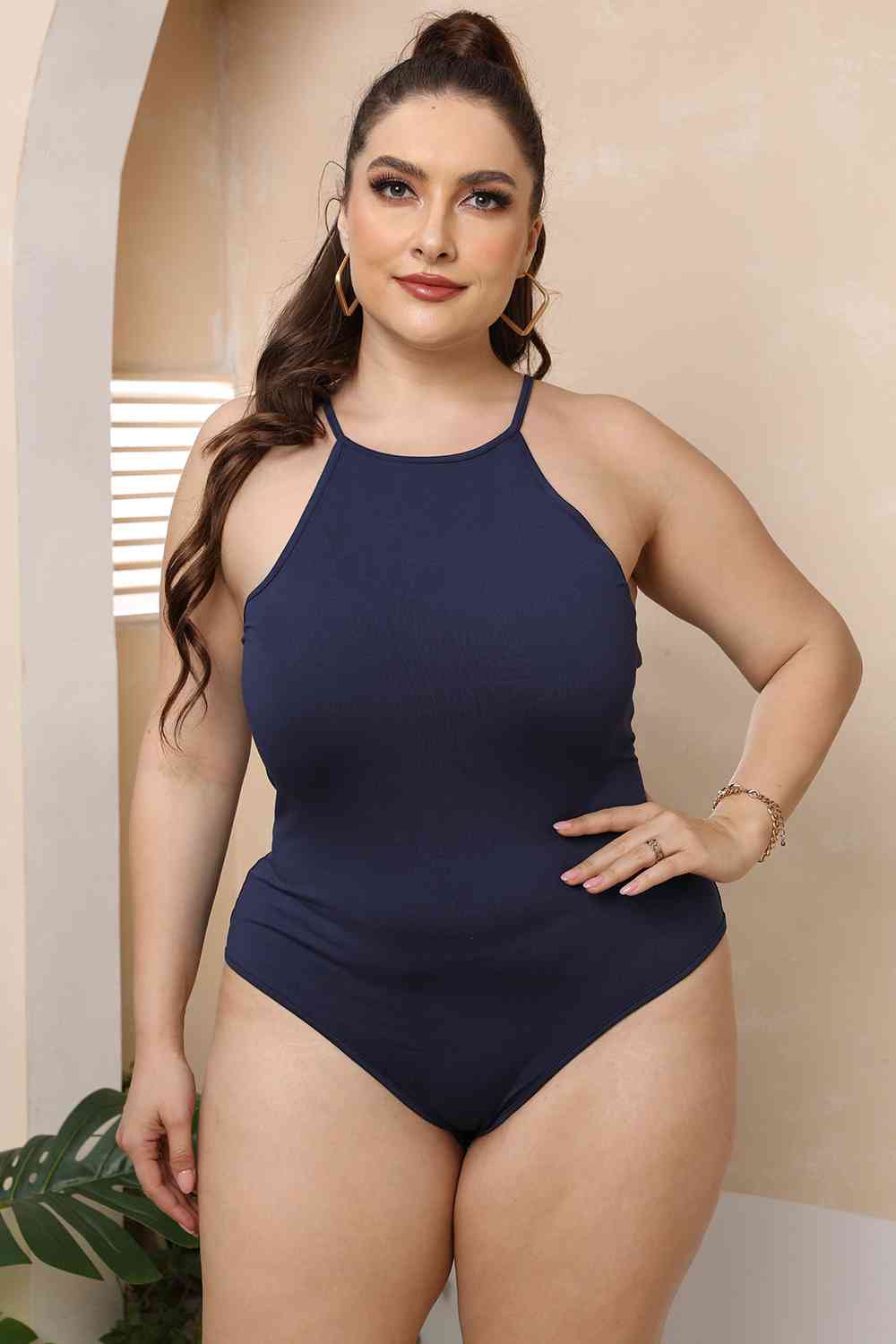 Plus Size Halter Neck Spaghetti Strap Bodysuit - KAISERINC