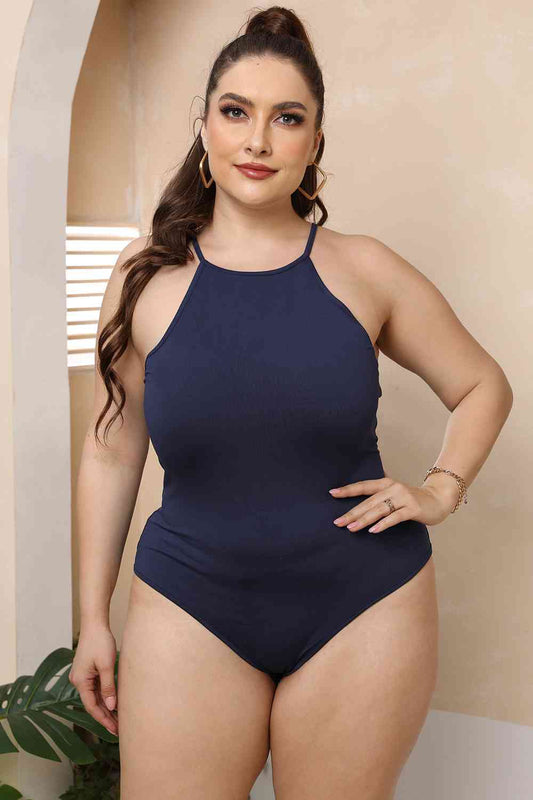 Plus Size Halter Neck Spaghetti Strap Bodysuit - KAISERINC