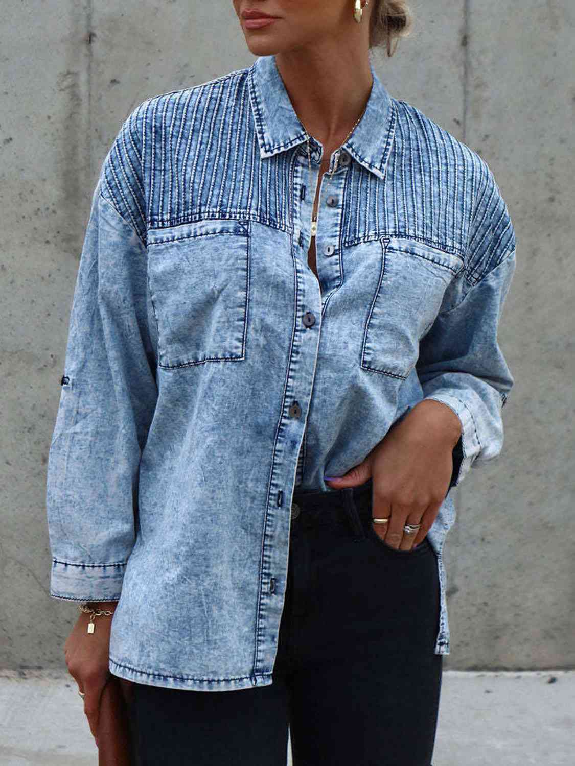 Button Front Collared Denim Jacket - KAISERINC