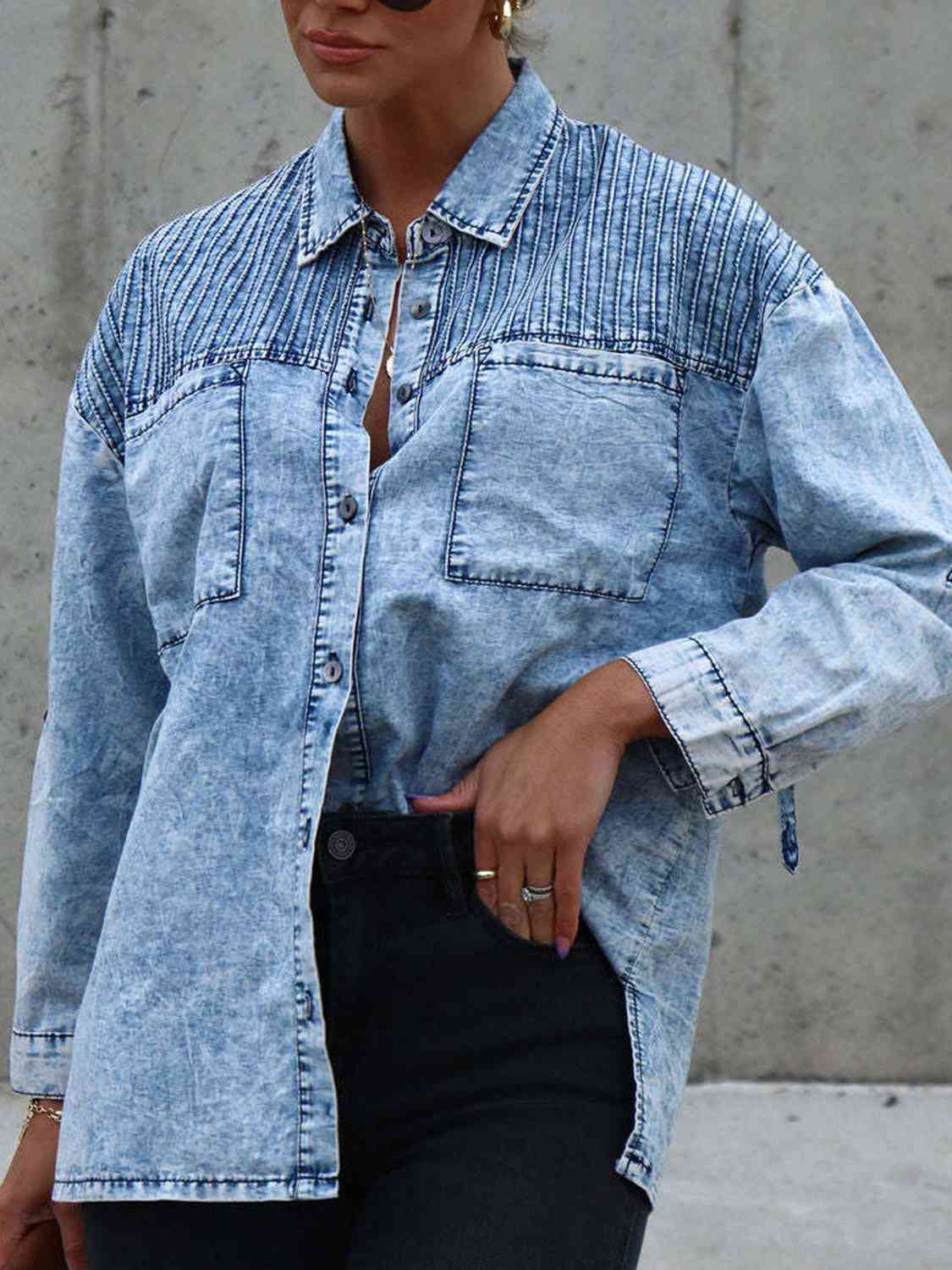 Button Front Collared Denim Jacket - KAISERINC