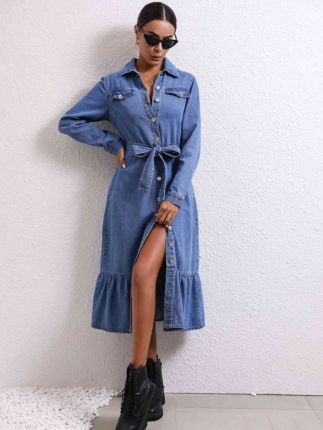 Collared Neck Button Down Denim Dress - KAISERINC