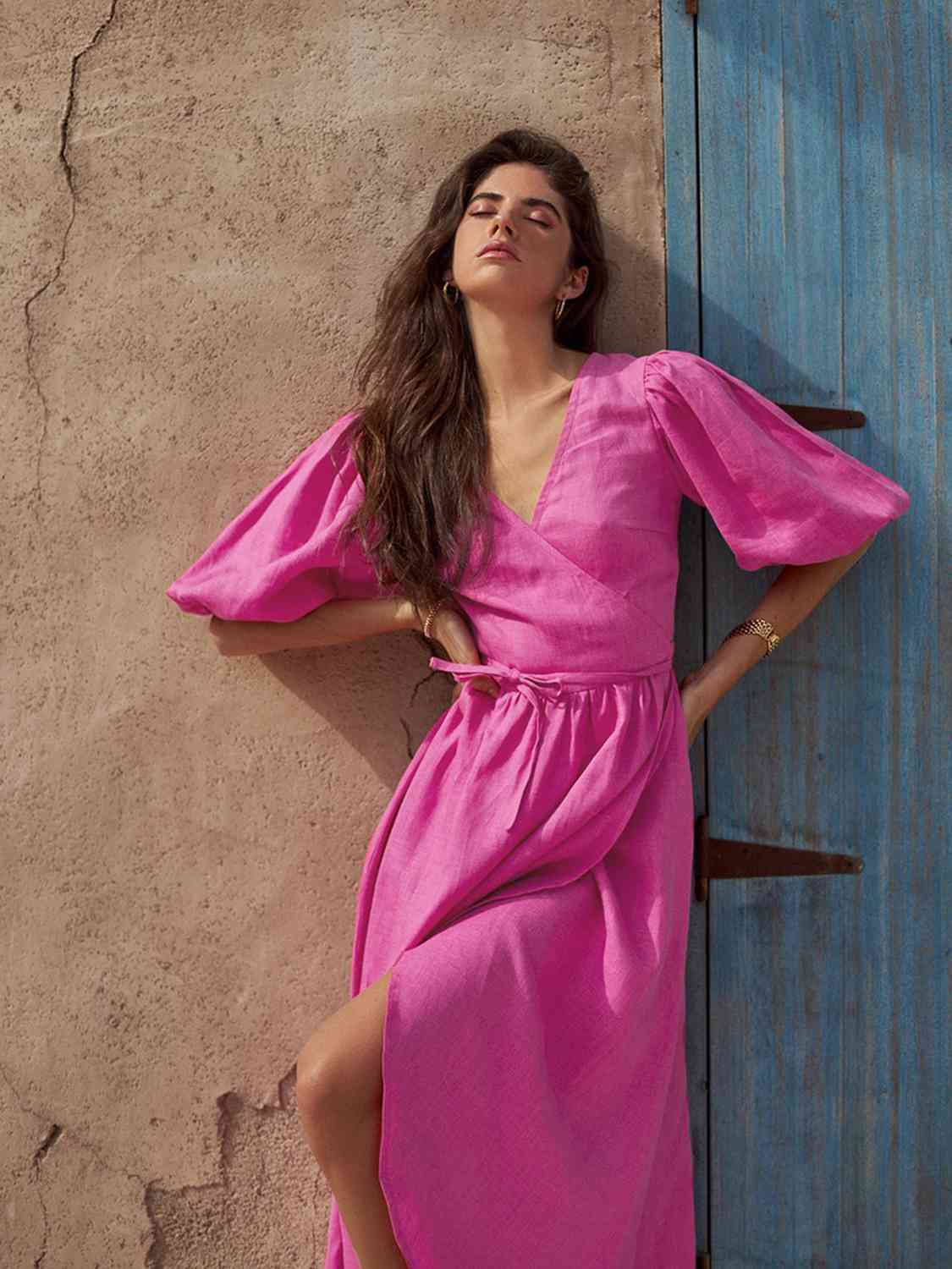Surplice Balloon Sleeves Tied Dress - KAISERINC