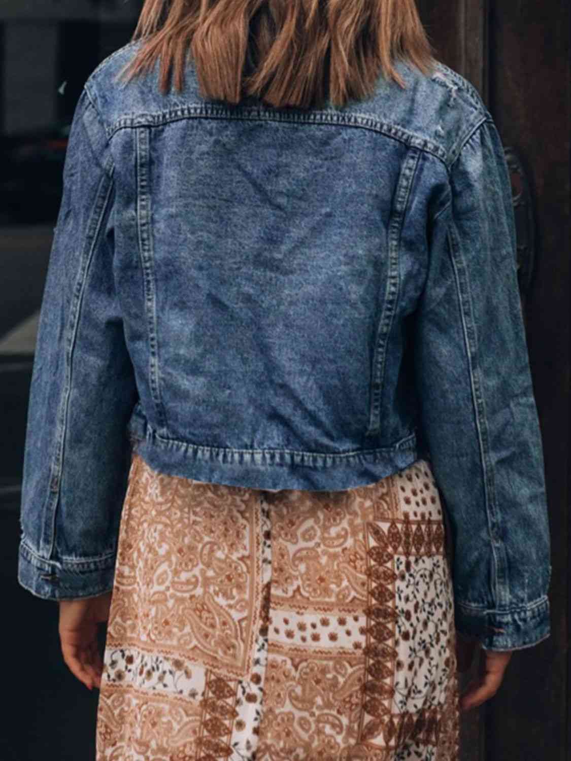 Button Up  Collared Neck Distressed Denim Jacket - KAISERINC