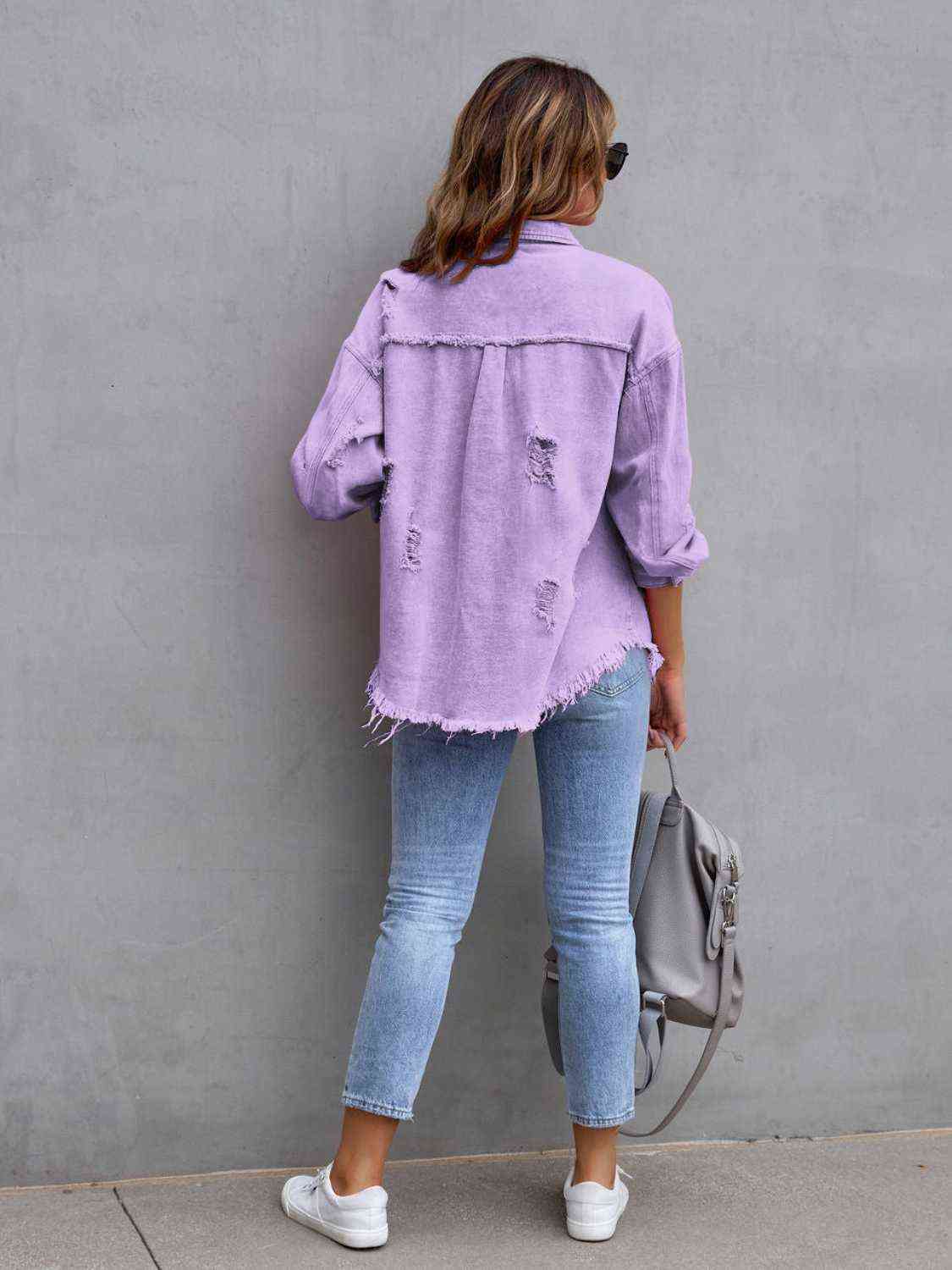 Distressed Drop Shoulder Denim Jacket - KAISERINC