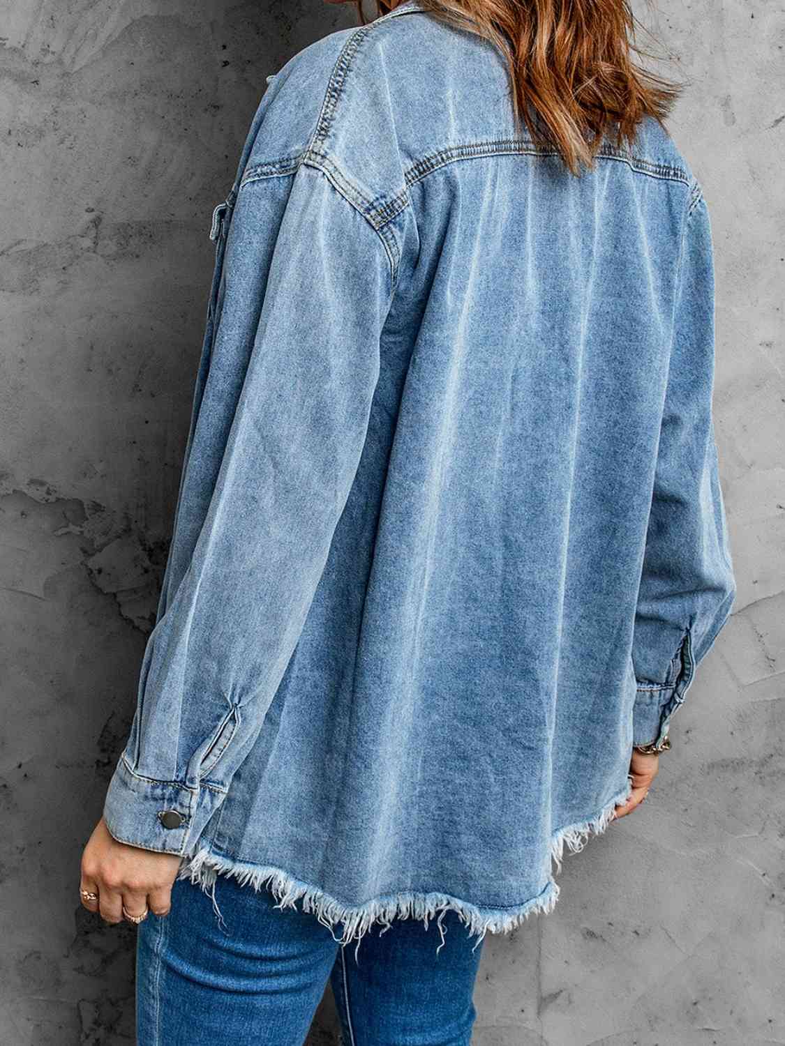 Frayed Hem Collared Denim Jacket - KAISERINC