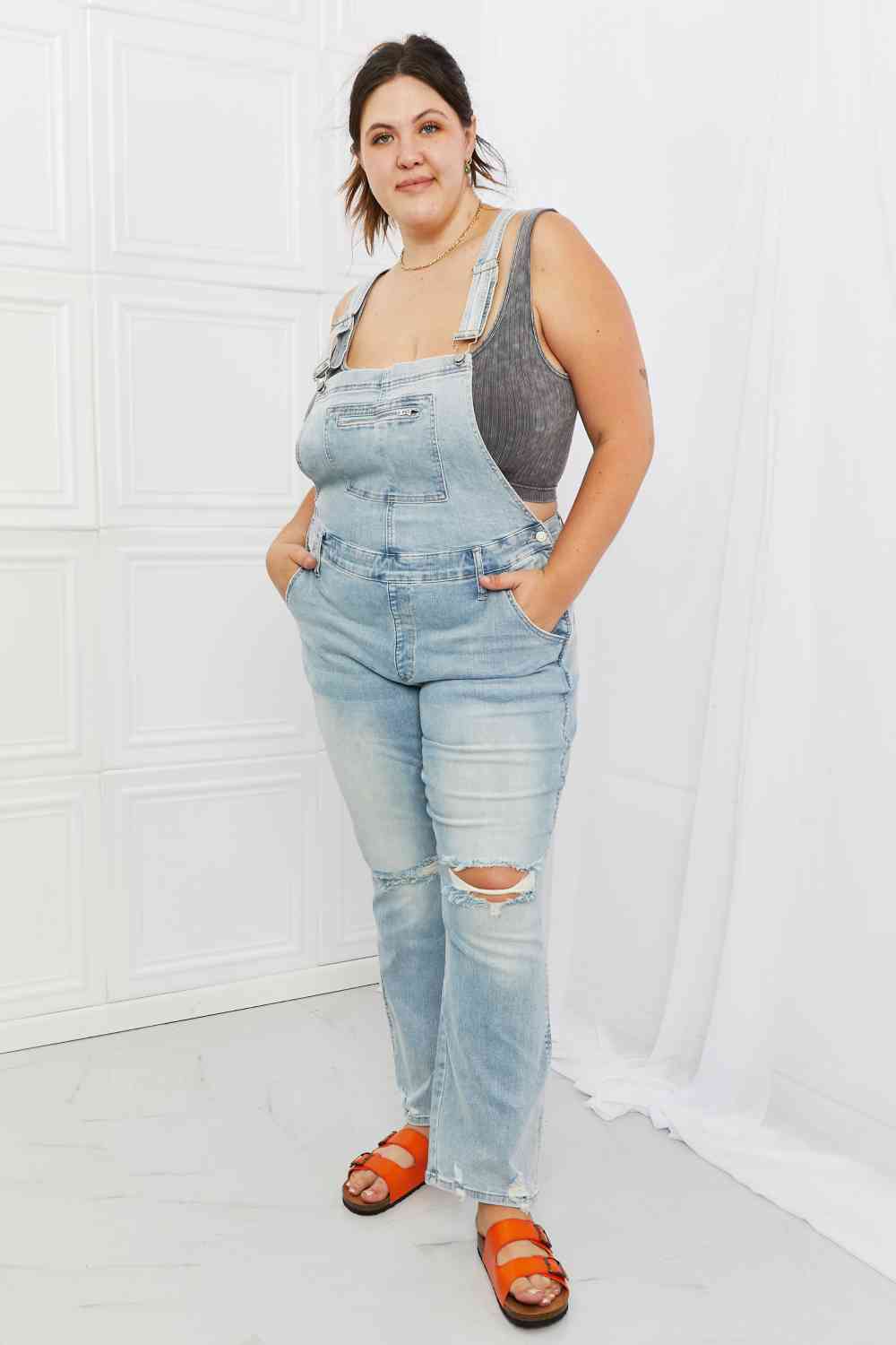 Judy Blue Melina Full Size Distressed Straight Leg Overalls - KAISERINC