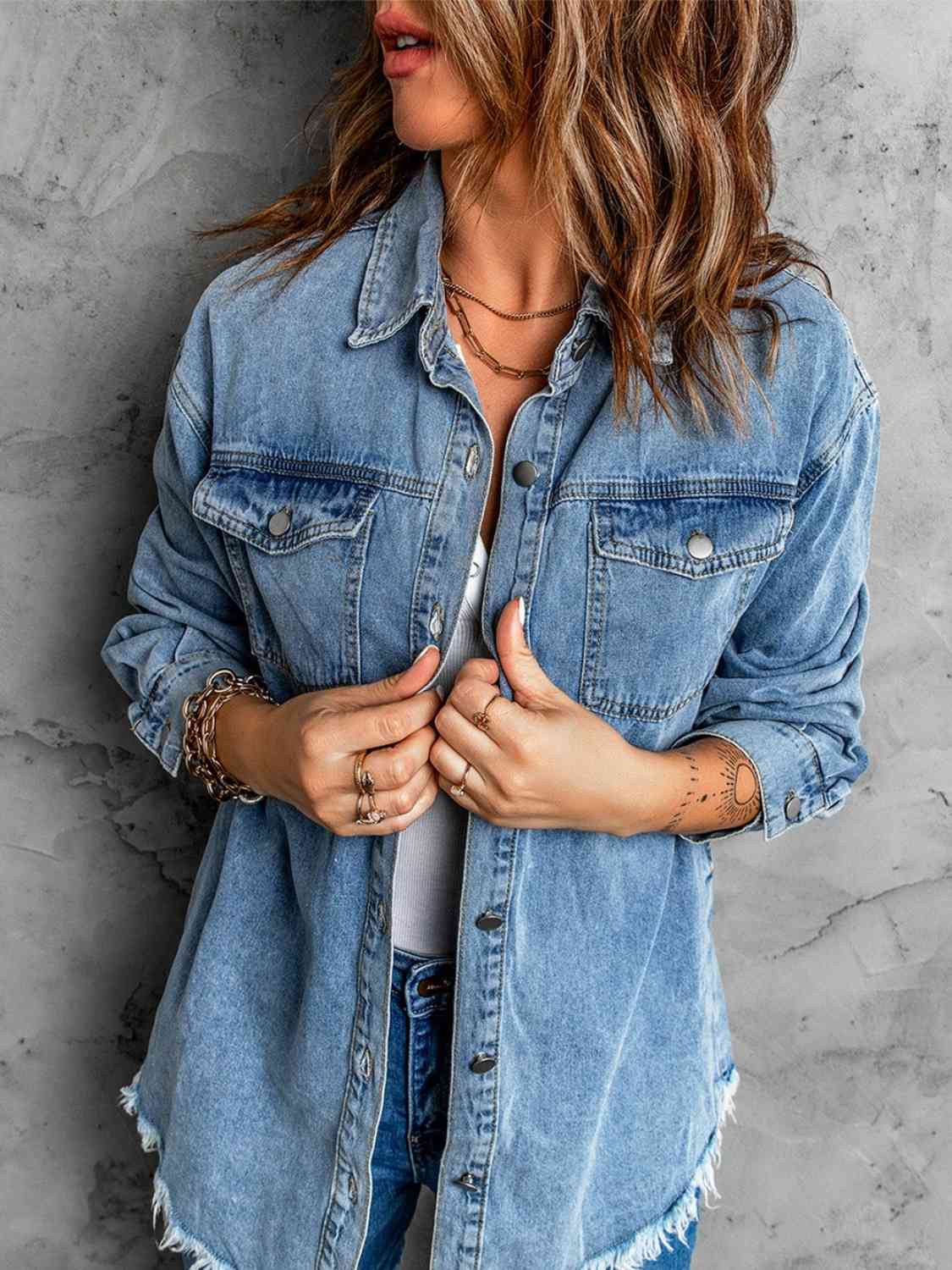 Frayed Hem Collared Denim Jacket - KAISERINC