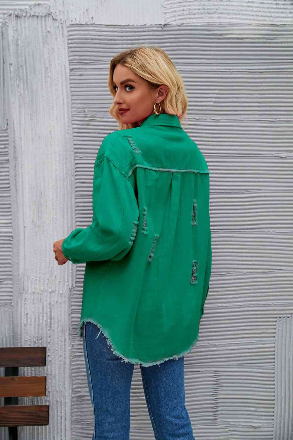 Distressed Raw Hem Denim Jacket - KAISERINC