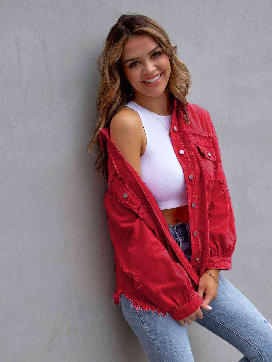 Distressed Drop Shoulder Denim Jacket - KAISERINC