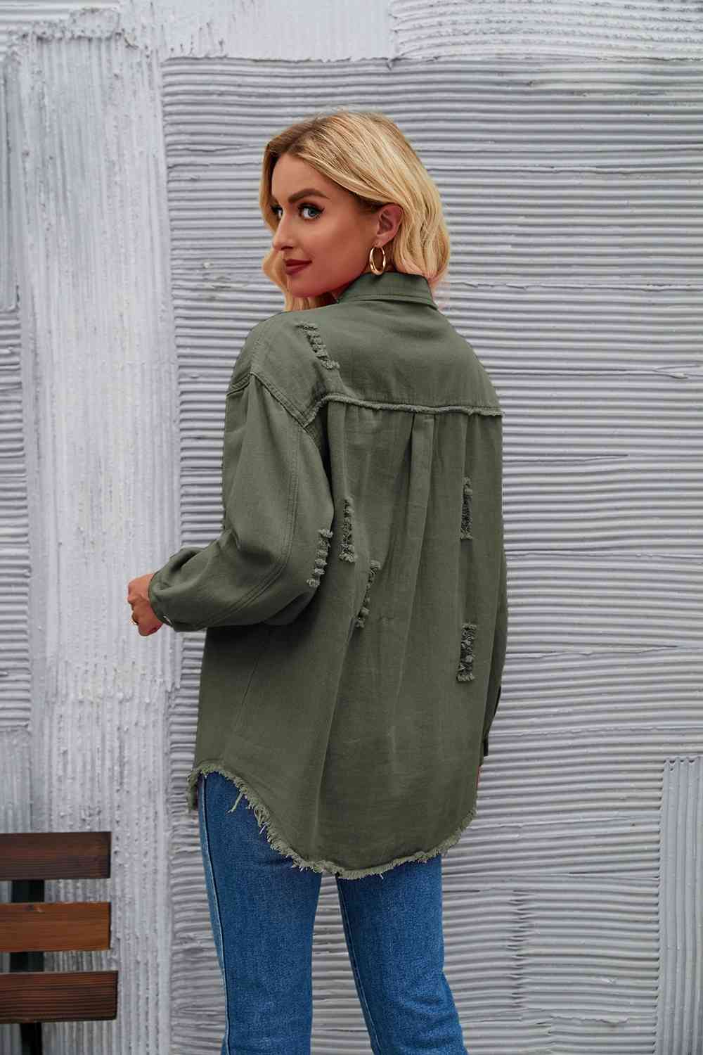 Distressed Raw Hem Denim Jacket - KAISERINC