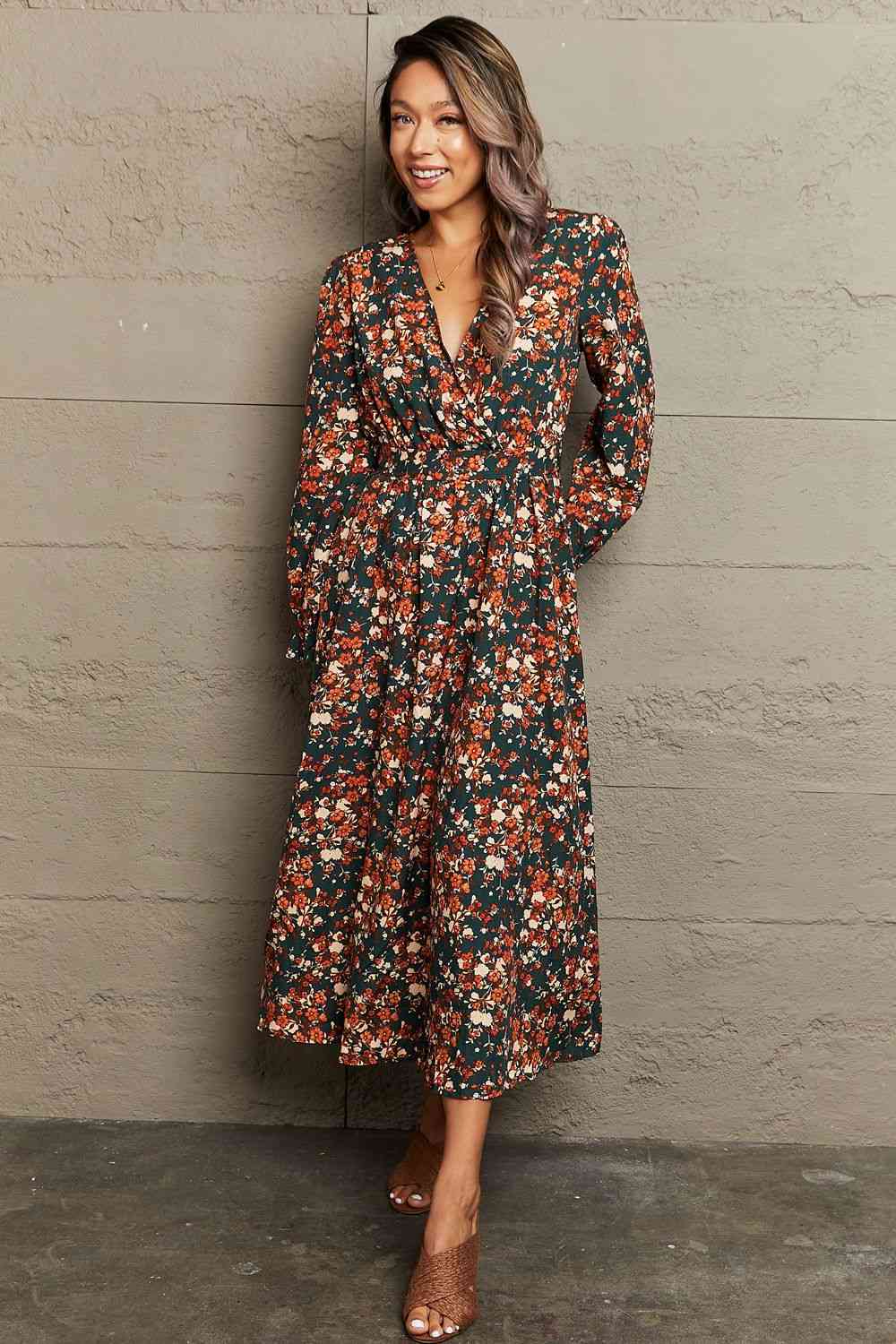 Printed Surplice Neck Long Sleeve Dress - KAISERINC