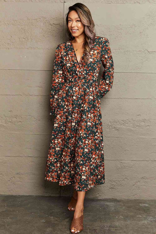 Printed Surplice Neck Long Sleeve Dress - KAISERINC