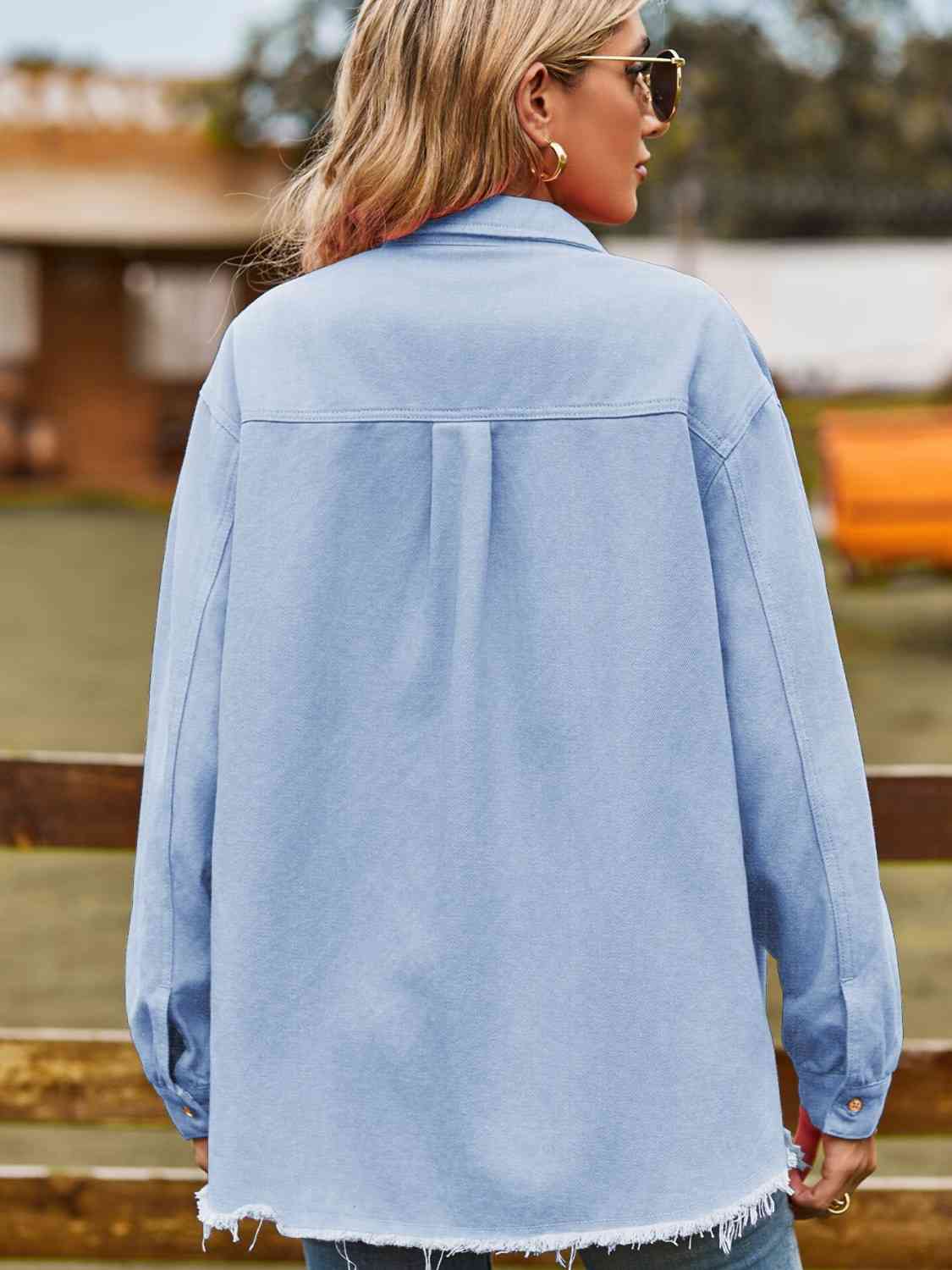 Button Up Collared Neck Raw Hem Denim Top - KAISERINC