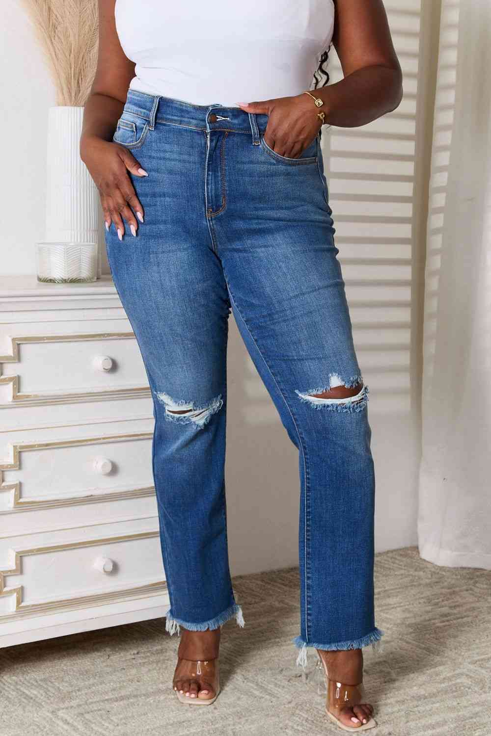 Judy Blue Full Size Distressed Raw Hem Jeans - KAISERINC