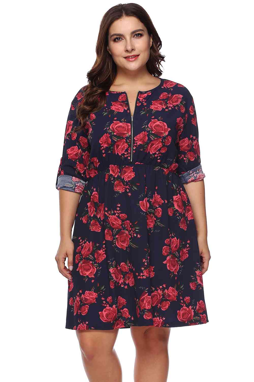 Plus Size Floral Print Half Zip Up Dress - KAISERINC
