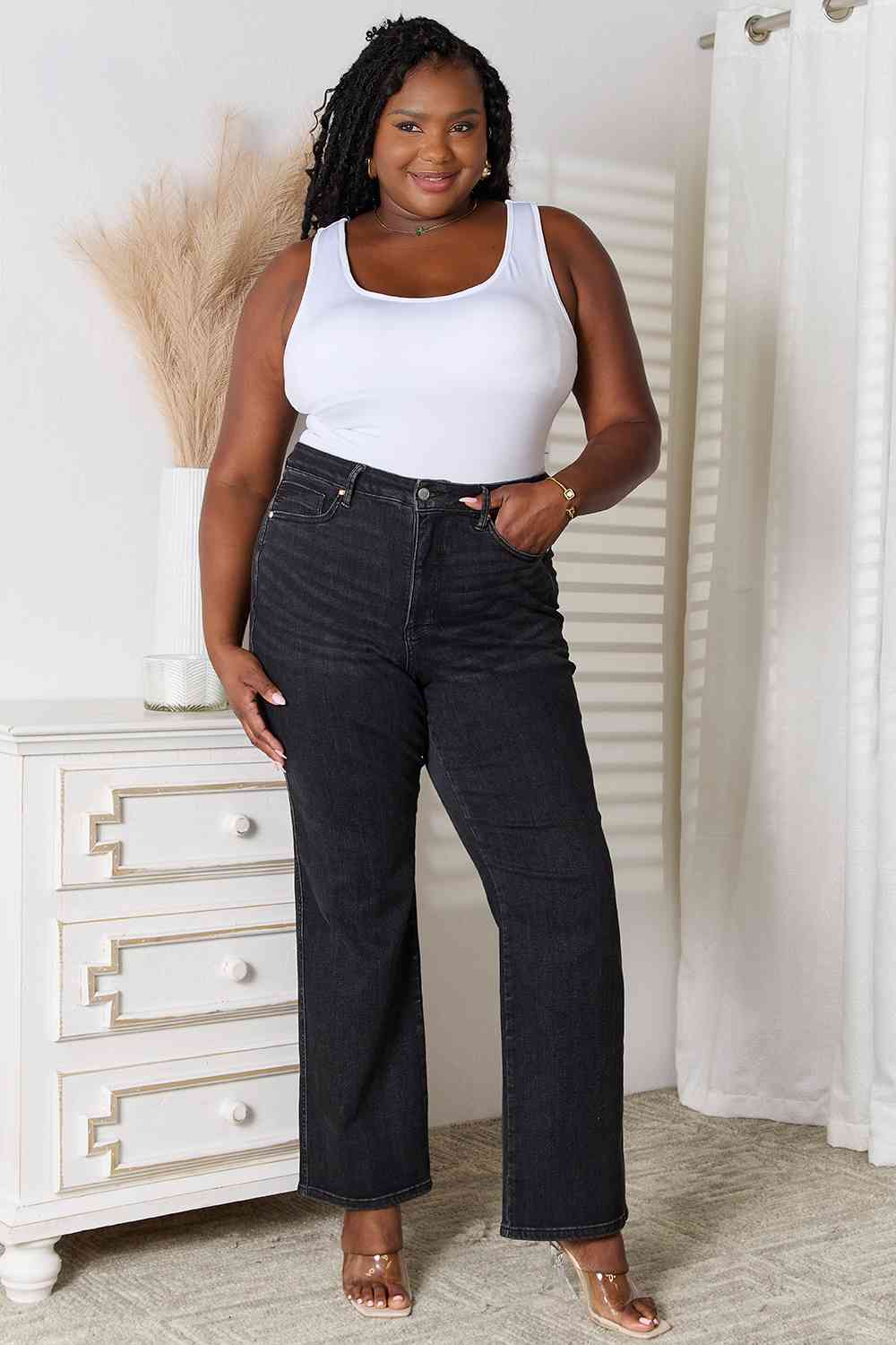 Judy Blue Tummy Control Washed Black Straight - KAISERINC