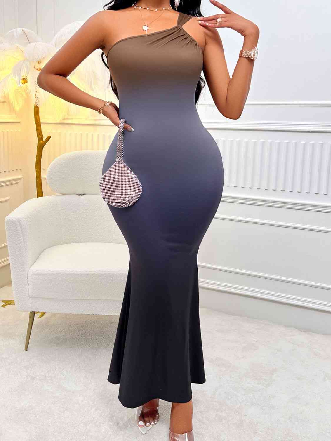 Gradient Single Shoulder Sleeveless Midi Dress - KAISERINC