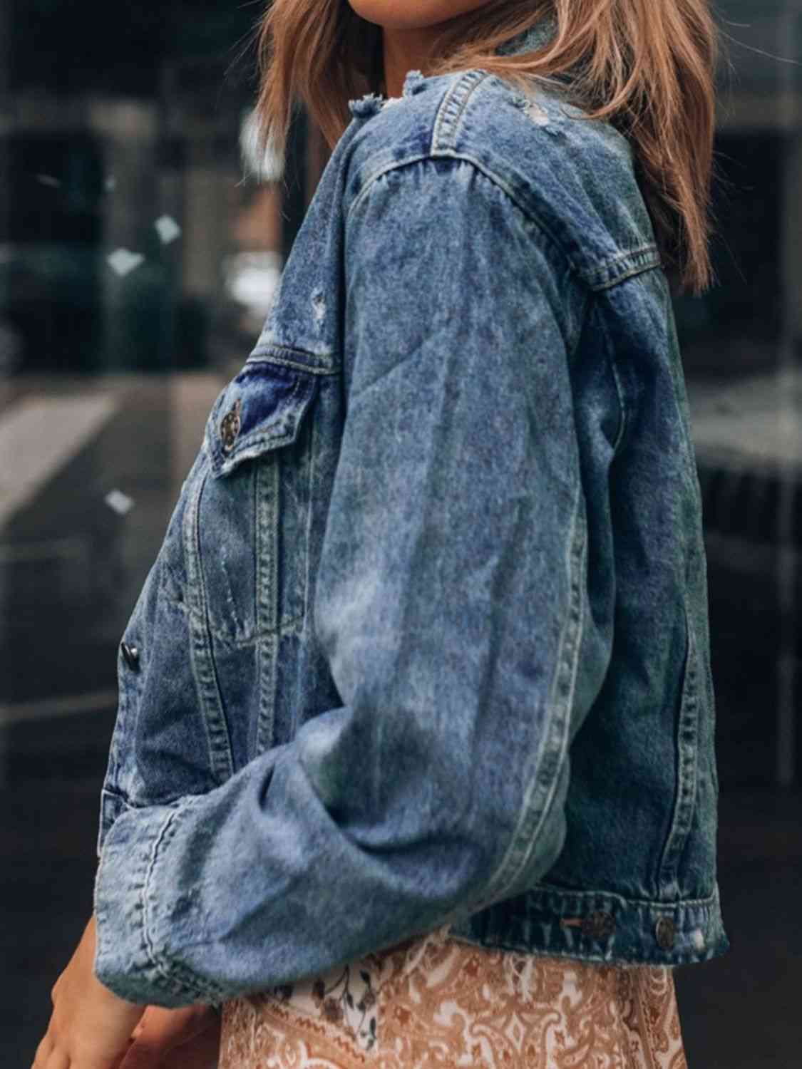 Button Up  Collared Neck Distressed Denim Jacket - KAISERINC