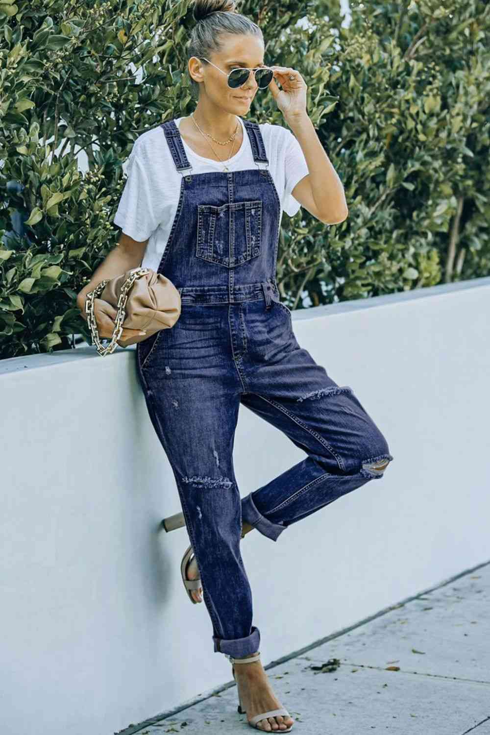 Pocketed Distressed Denim Overalls - KAISERINC