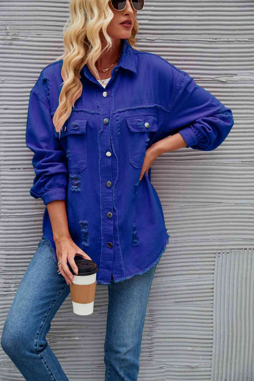 Distressed Raw Hem Denim Jacket - KAISERINC