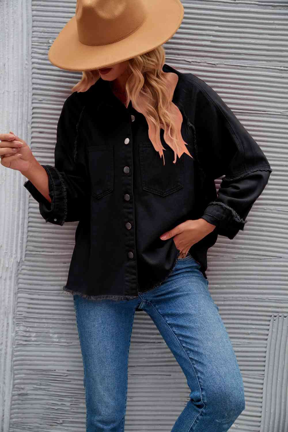 Raw Hem Collared Denim Jacket - KAISERINC