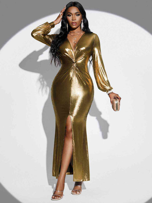 Plunge Twisted Slit Midi Dress - KAISERINC