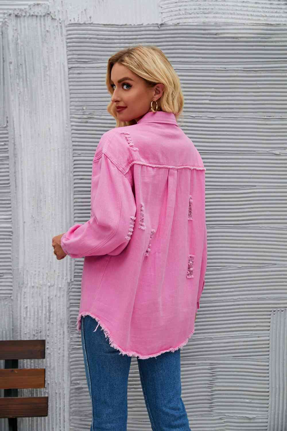 Distressed Raw Hem Denim Jacket - KAISERINC