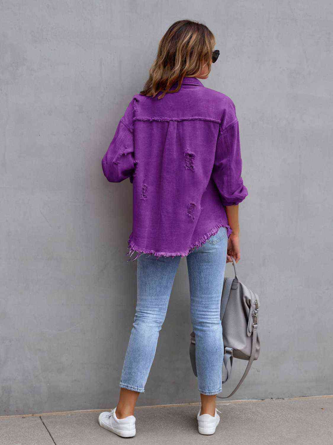 Distressed Drop Shoulder Denim Jacket - KAISERINC