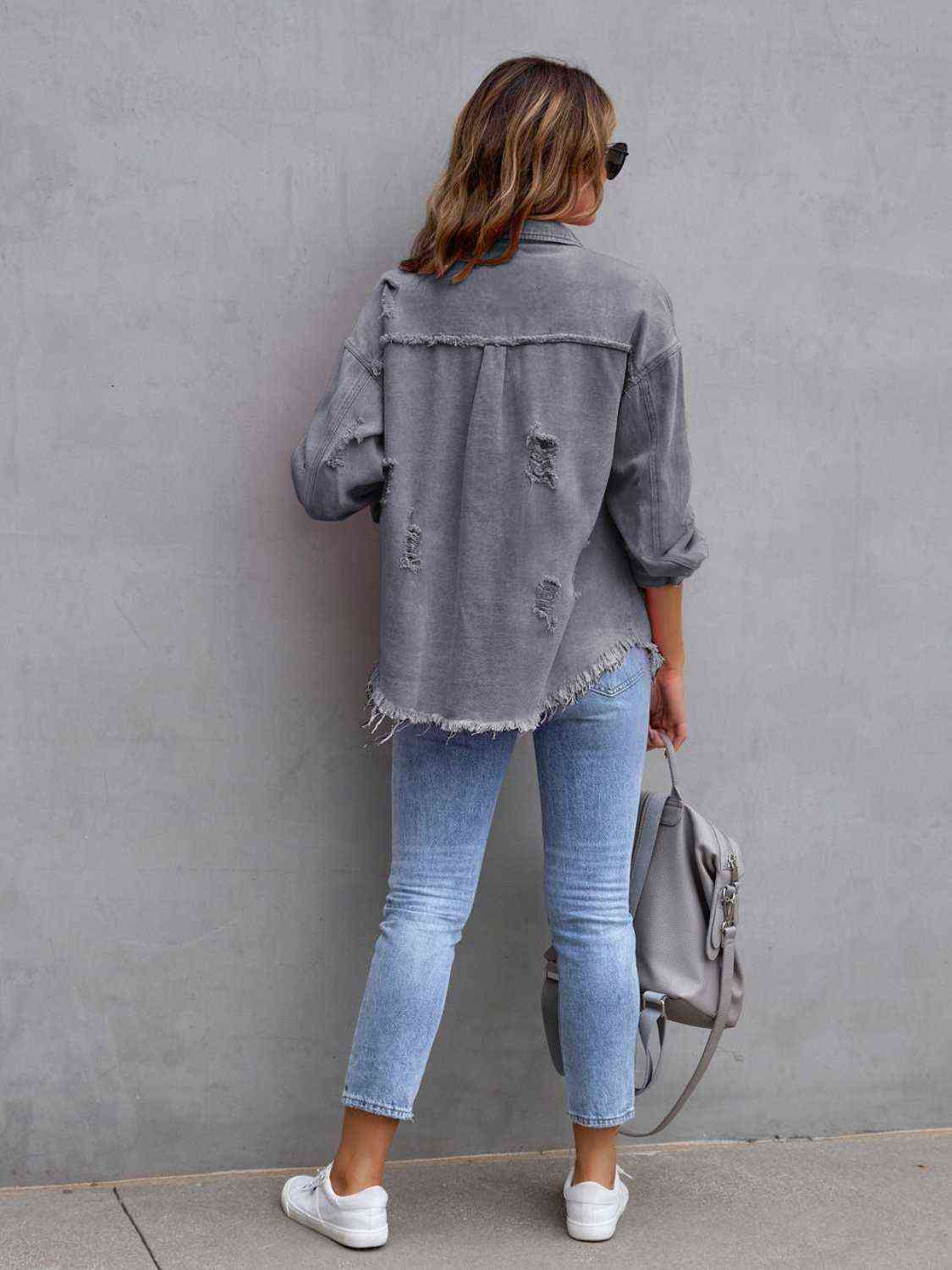 Distressed Drop Shoulder Denim Jacket - KAISERINC