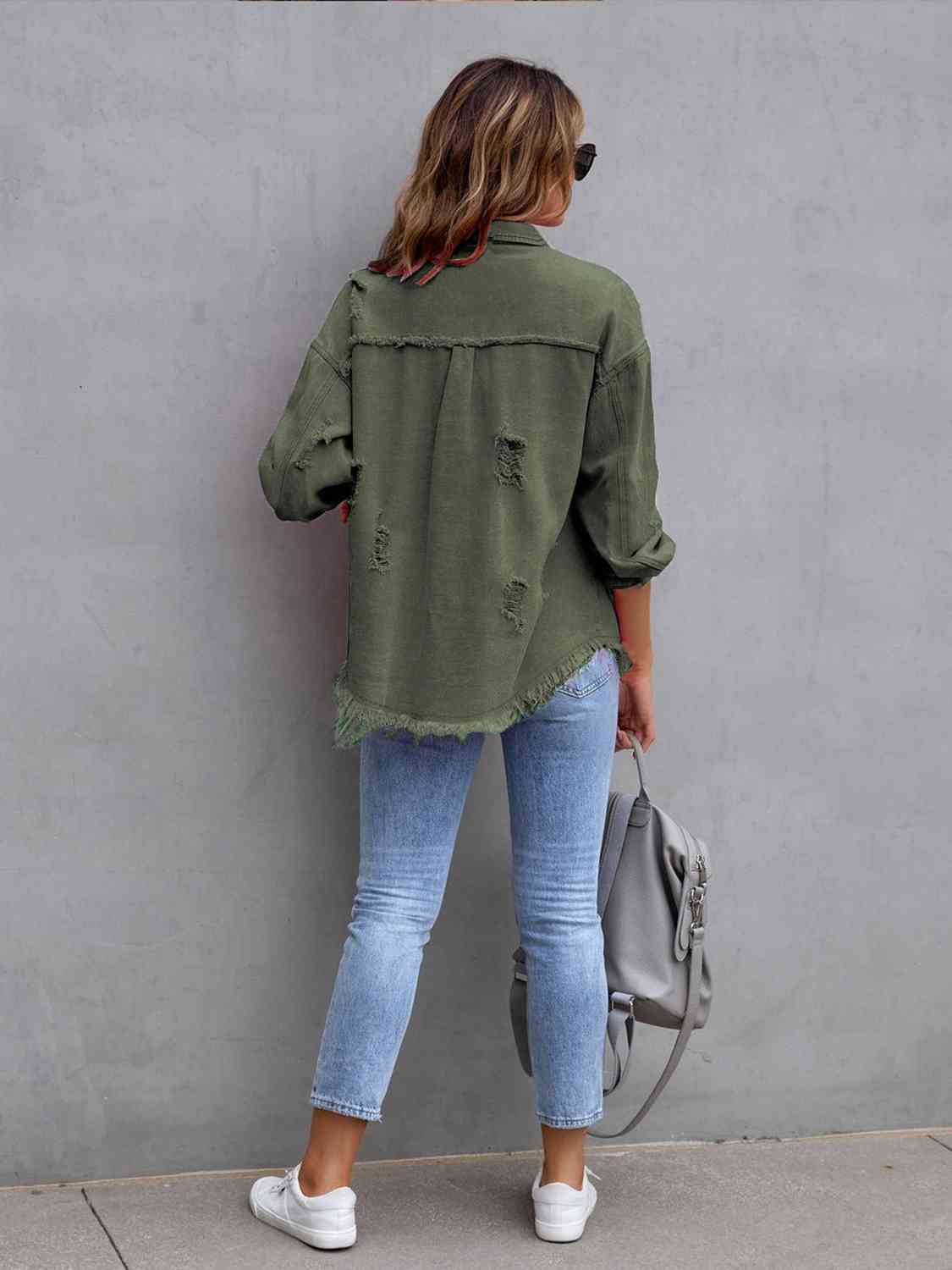 Distressed Drop Shoulder Denim Jacket - KAISERINC
