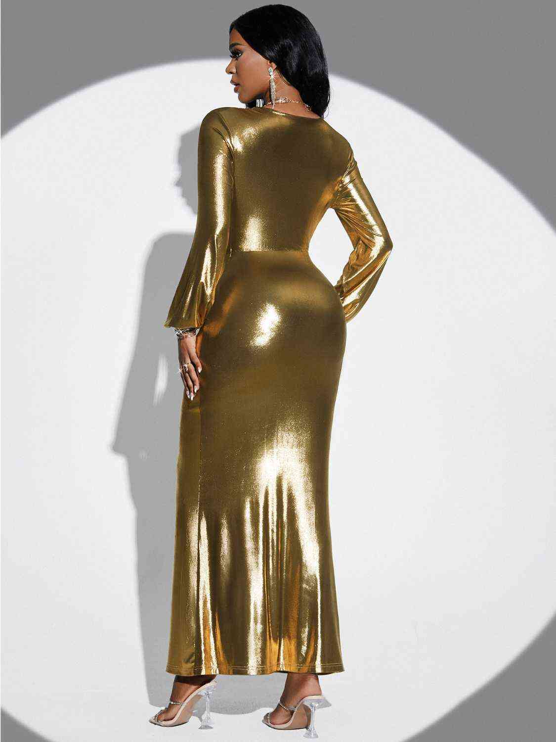 Plunge Twisted Slit Midi Dress - KAISERINC