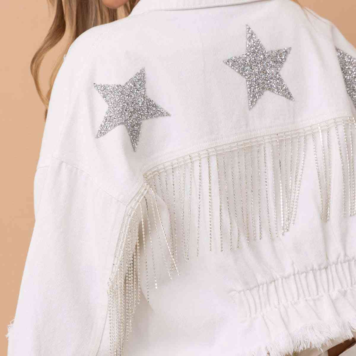 Star Raw Hem Fringe Detail Denim Jacket - KAISERINC