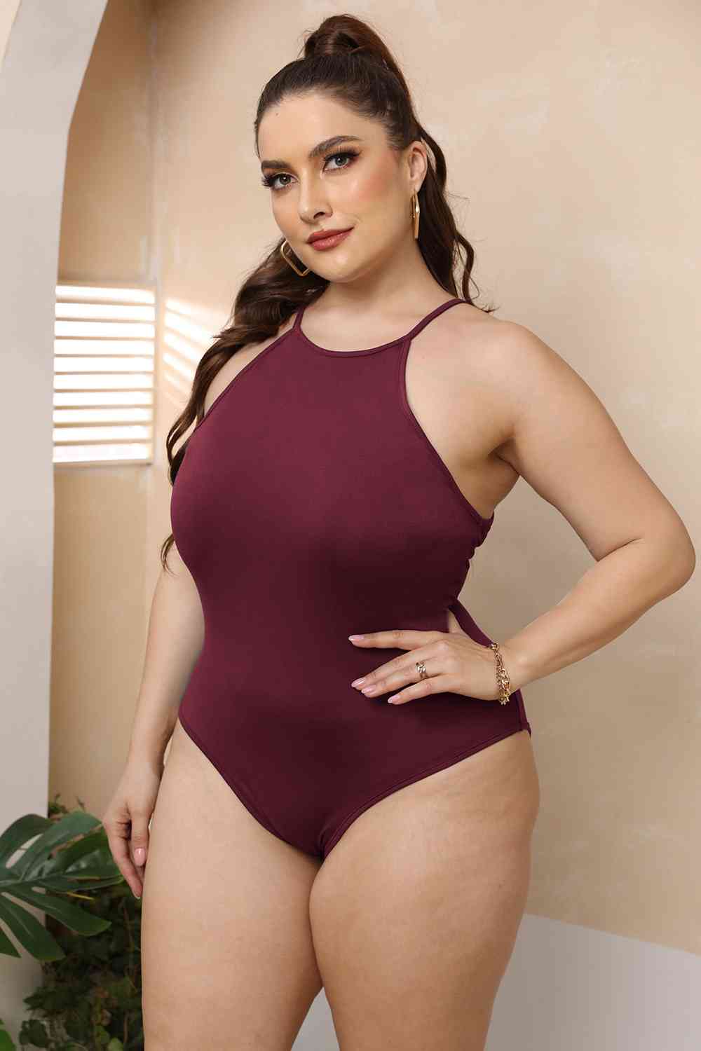 Plus Size Halter Neck Spaghetti Strap Bodysuit - KAISERINC