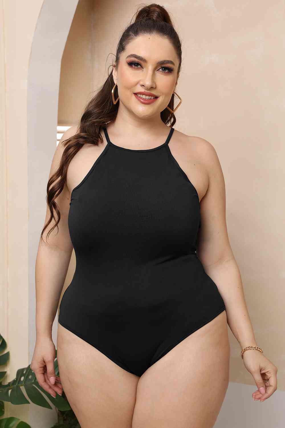 Plus Size Halter Neck Spaghetti Strap Bodysuit - KAISERINC