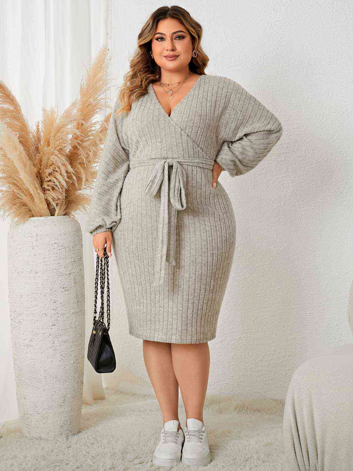 Plus Size Tie Waist Wrap Dress - KAISERINC