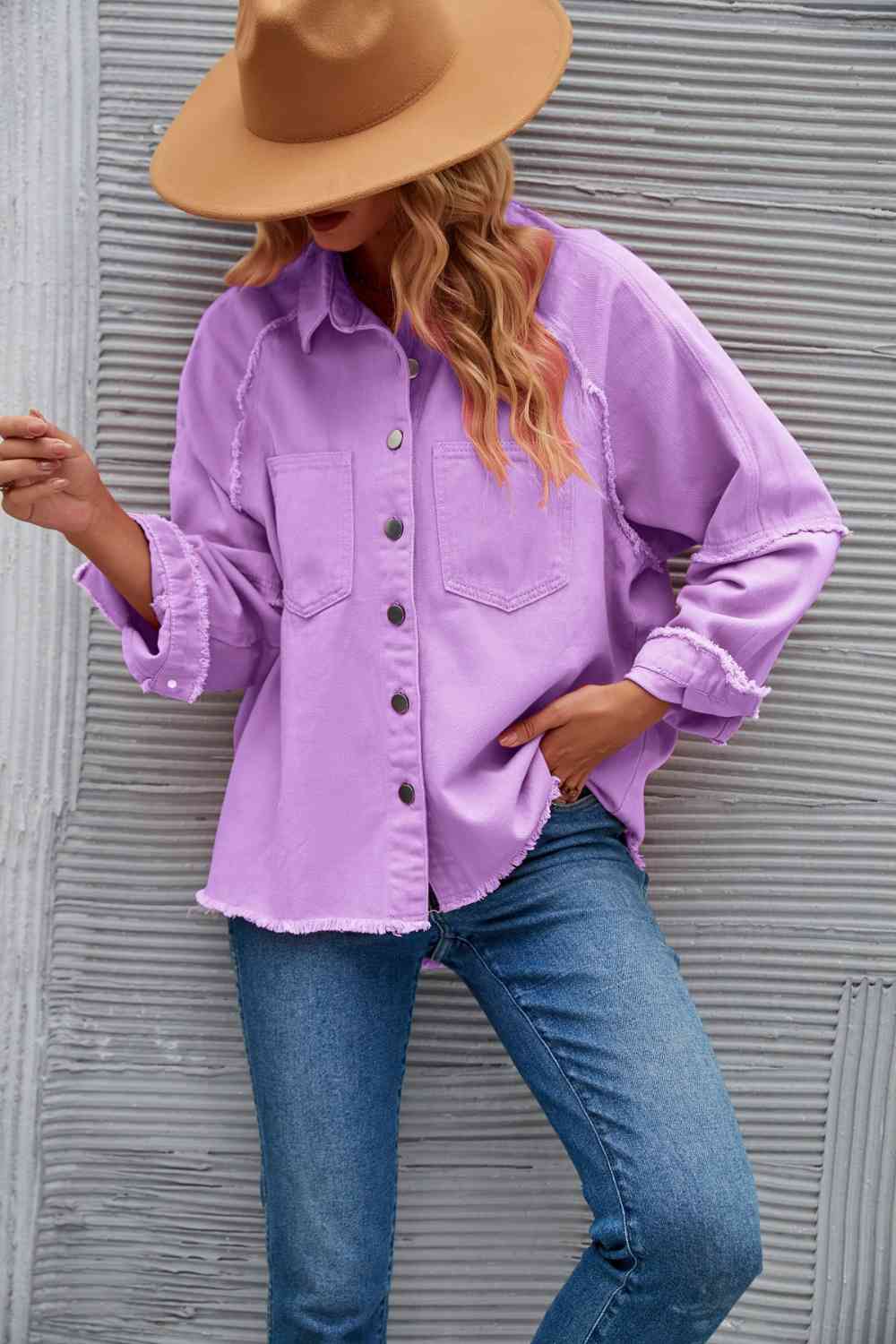 Raw Hem Collared Denim Jacket - KAISERINC