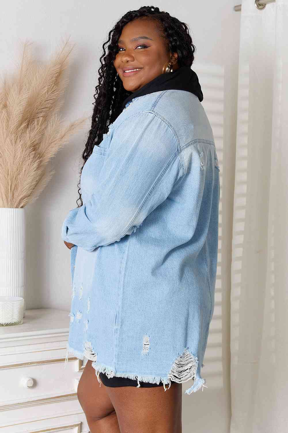 RISEN Full Size Distressed Raw Hem Denim Jacket - KAISERINC
