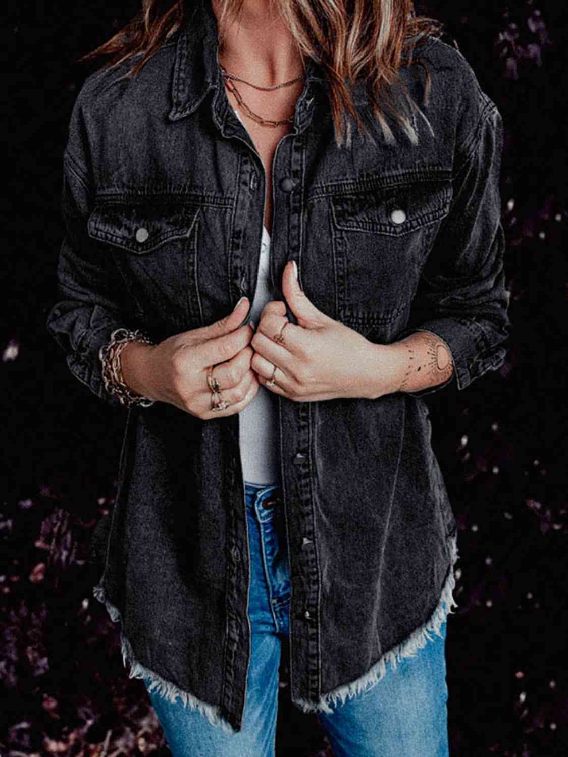 Frayed Hem Collared Denim Jacket - KAISERINC