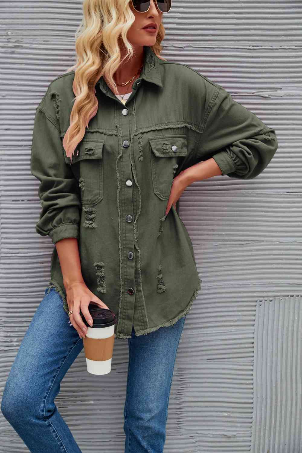 Distressed Raw Hem Denim Jacket - KAISERINC