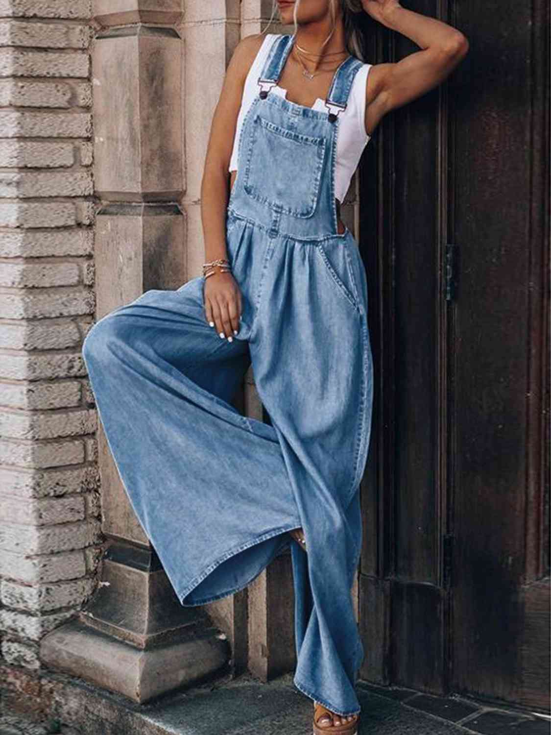 Wide Leg Denim Overalls - KAISERINC