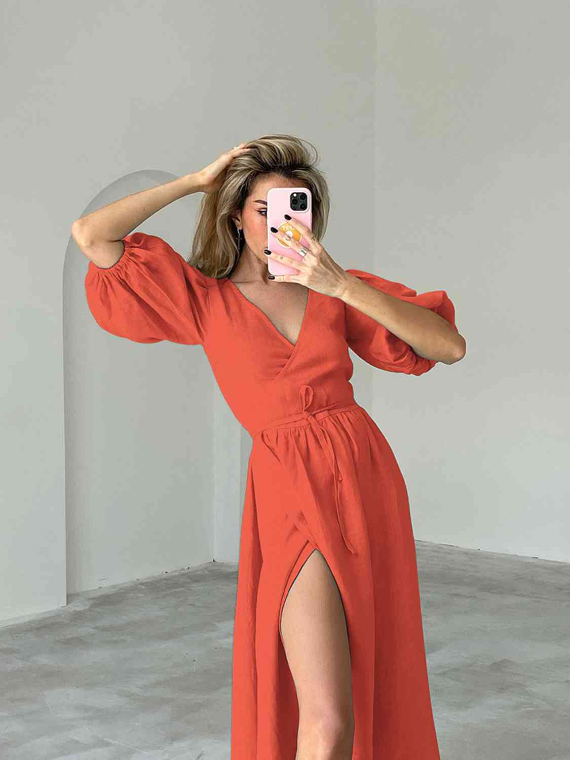 Surplice Balloon Sleeves Tied Dress - KAISERINC