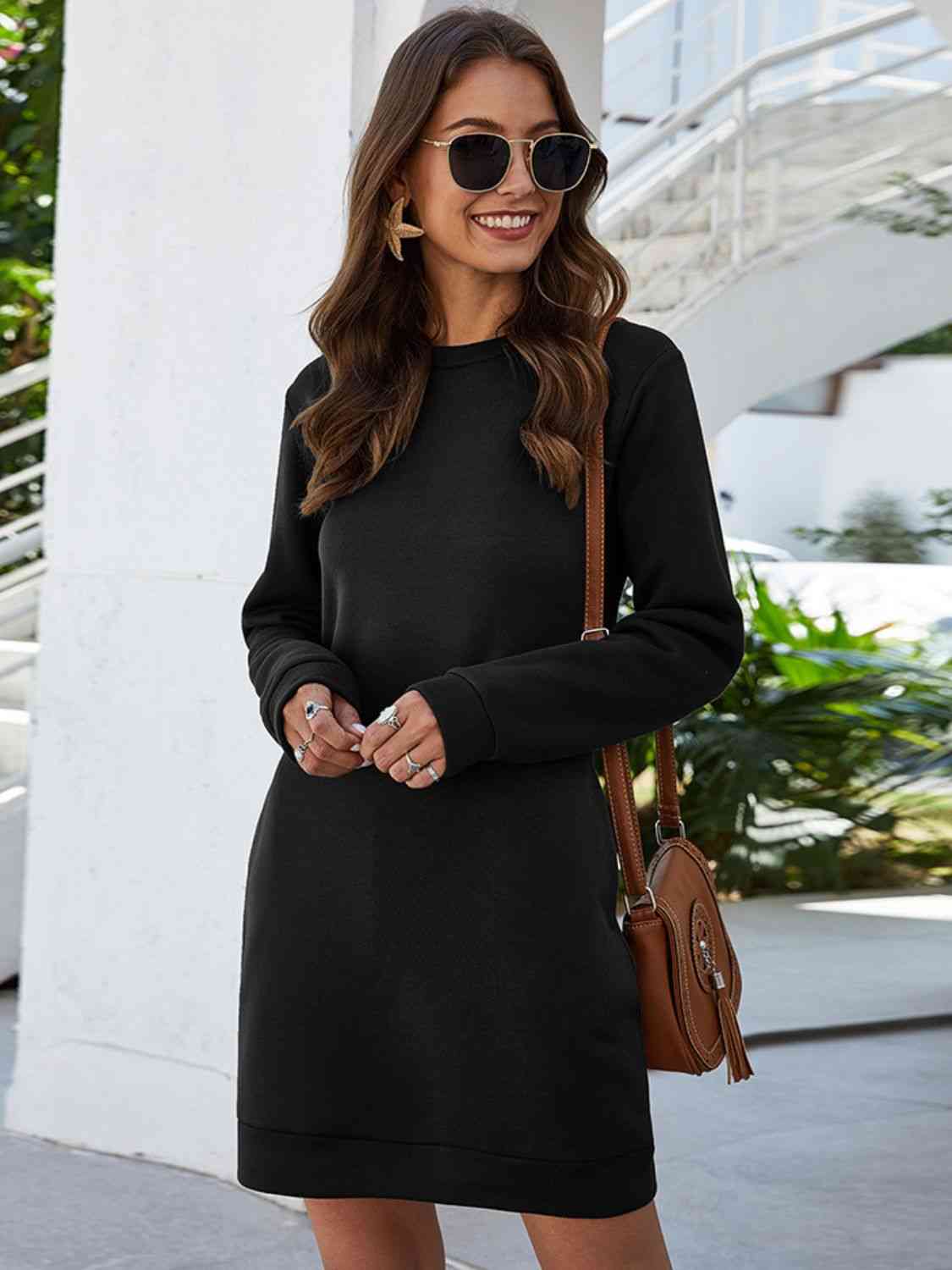 Round Neck Long Sleeve Mini Dress with Pockets - KAISERINC