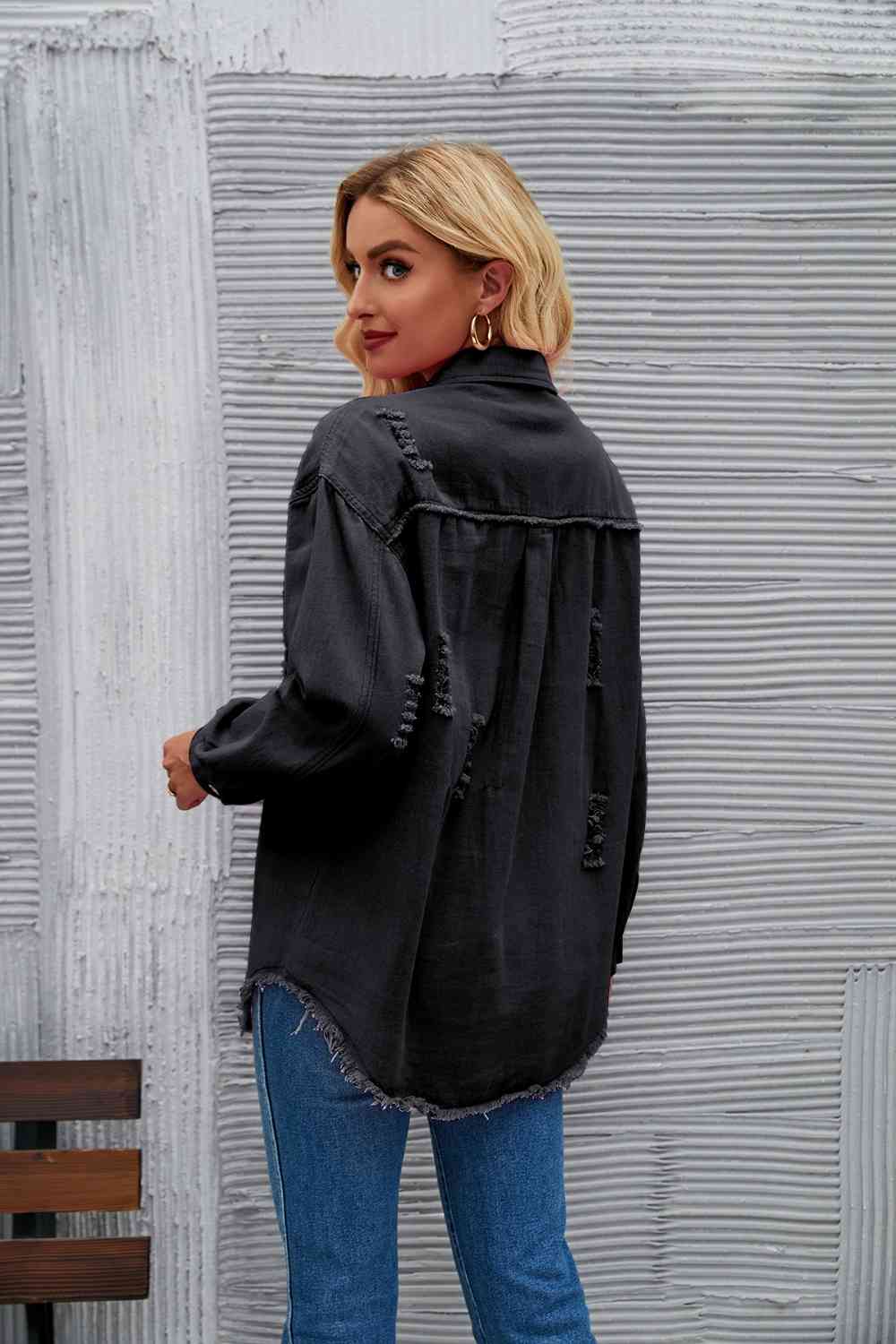 Distressed Raw Hem Denim Jacket - KAISERINC