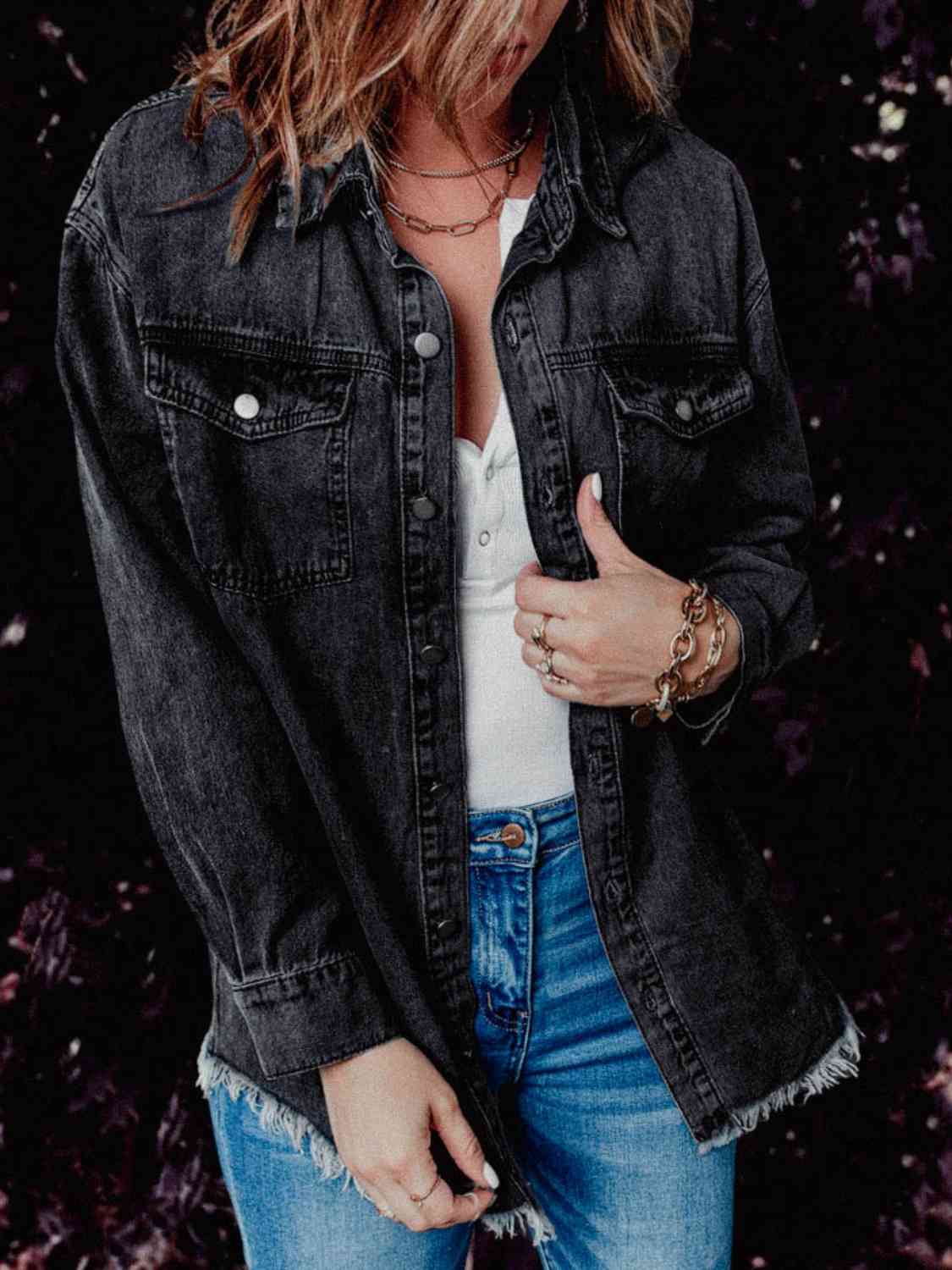 Frayed Hem Collared Denim Jacket - KAISERINC