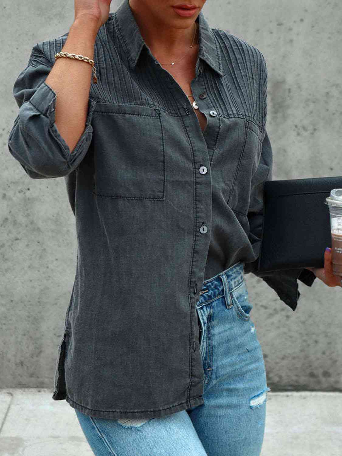 Button Front Collared Denim Jacket - KAISERINC