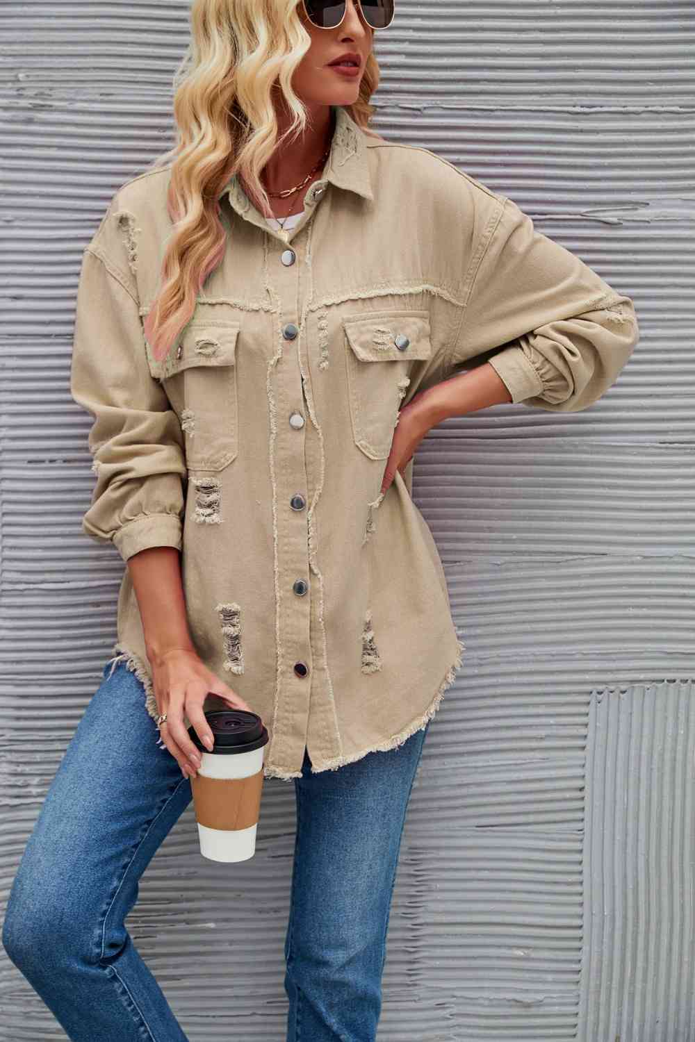 Distressed Raw Hem Denim Jacket - KAISERINC